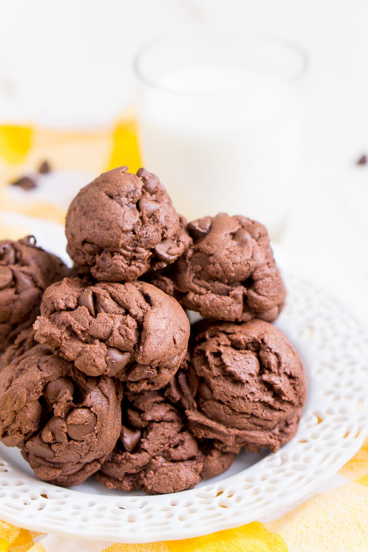These Double Chocolate Chip Pudding Cookies have a slightly crisp outer shell and are chewy and gooey on the inside almost like a brownie. Pull the first batch out of the oven in 30 minutes!