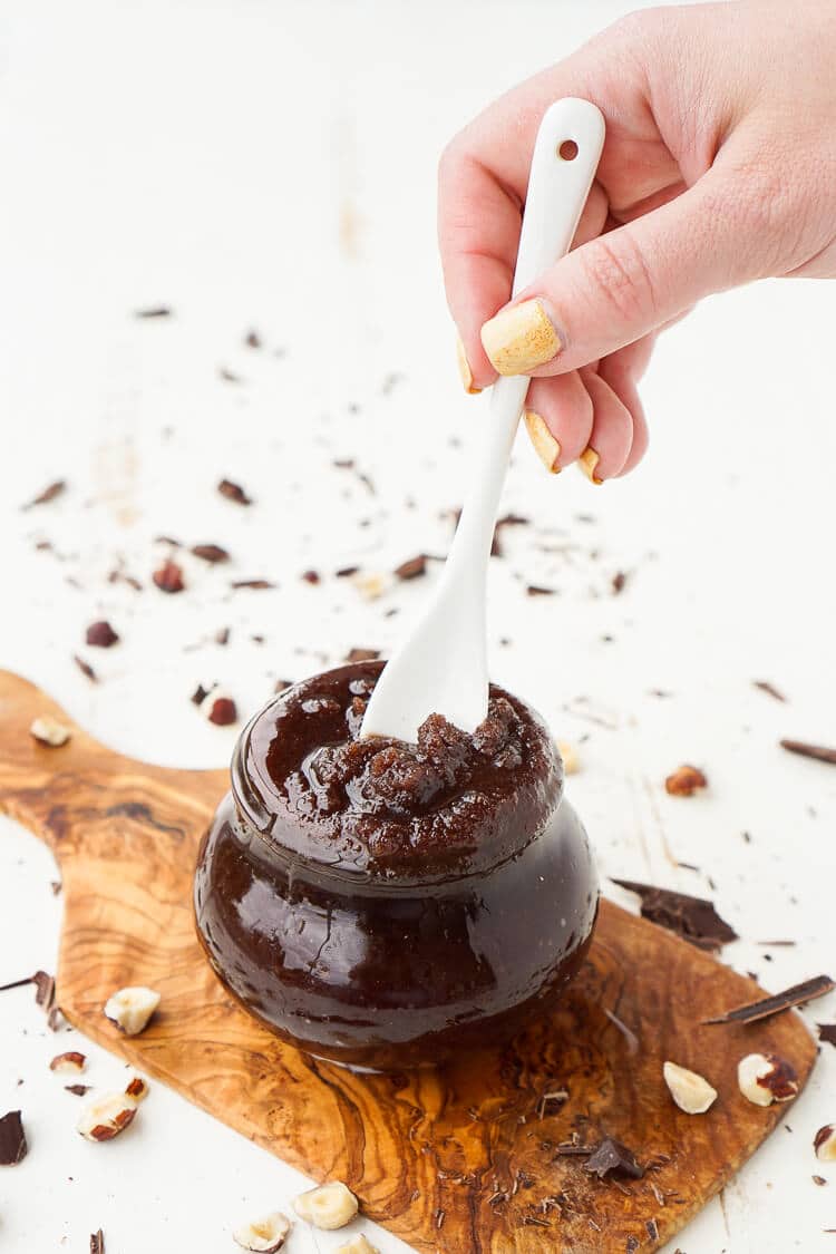 This Chocolate Hazelnut Sugar Scrub is the most decadent DIY beauty product you will ever try! It smells like brownie batter!