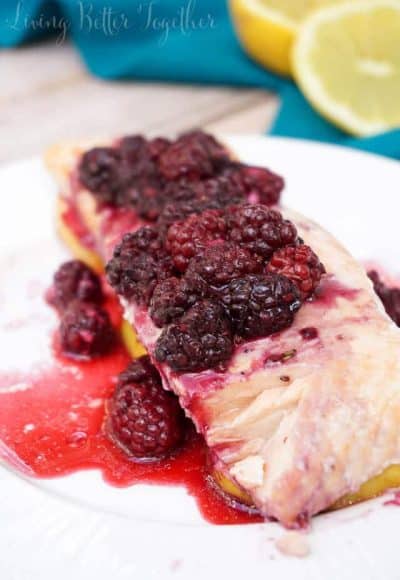  This gorgeous Blackberry Lemon Salmon is a light and flaky dinner recipe that's baked to perfection in just 30 minutes! It's loaded with protein and less than 500 calories per serving!