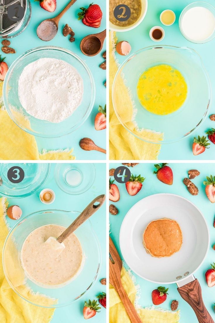 Step-by-step photo collage showing how to make banana pancakes.