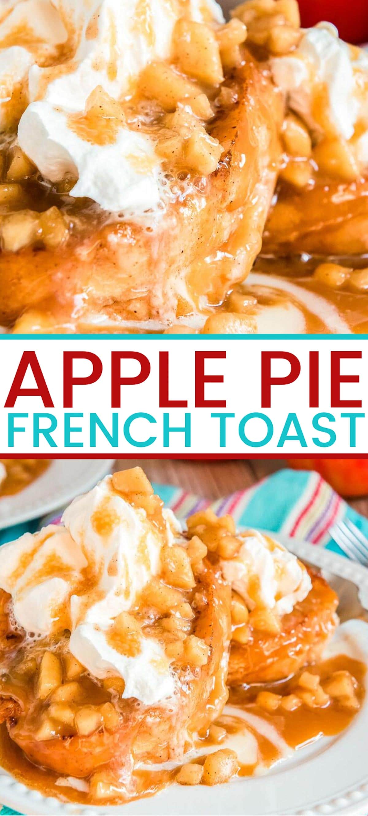 Apple French Toast is like dessert for breakfast, made with pan-grilled French bread that’s stuffed with a luscious mixture of apple pie filling and creamy mascarpone. via @sugarandsoulco