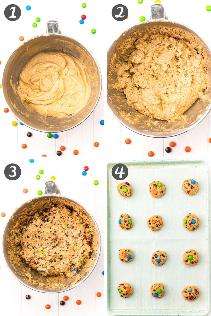 step-by-step collage showing how to make monster cookies from scratch.