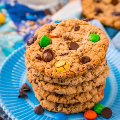 Close up photo of a stack of Monster cookies on a