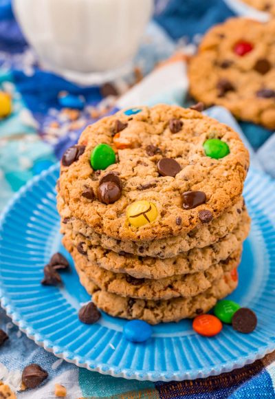 Close up photo of a stack of Monster cookies on a