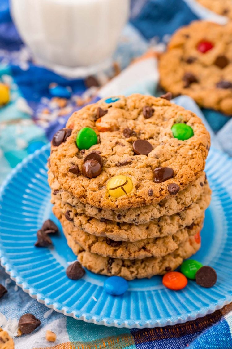 Close up photo of a stack of Monster cookies on a 