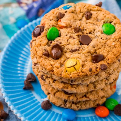 Monster Cookies are sweet, chewy, and loaded with M&M's, Reese's Pieces, Chocolate Chips, Oatmeal, Coconut, Heath Toffee Bits, and Sprinkles! Pull the first batch out of the oven in just under 25 minutes!