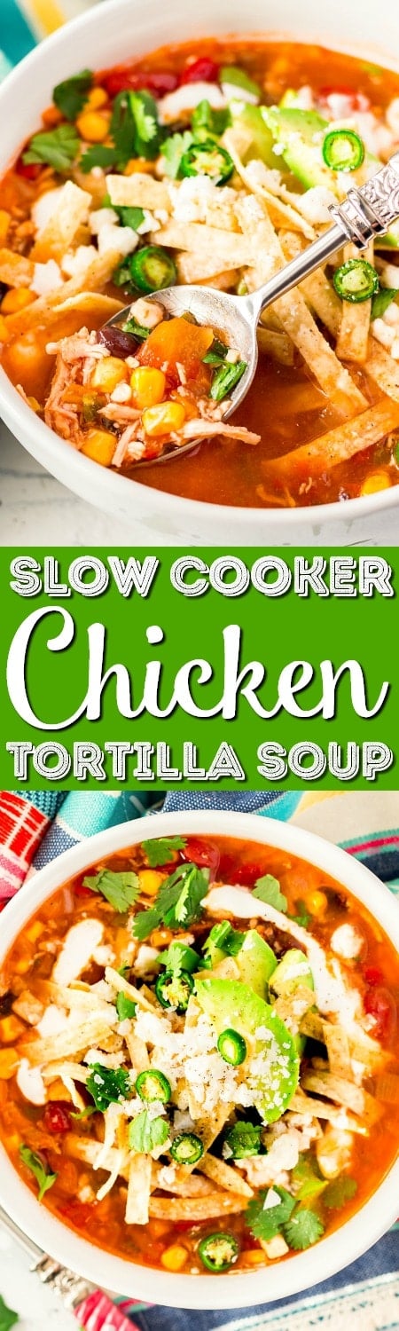 This Slow Cooker Chicken Tortilla Soup is loaded with delicious ingredients like chicken, peppers, tomatoes, corn, and beans and the bold flavor of garlic and cayenne! A comforting and hot meal for chilly nights!