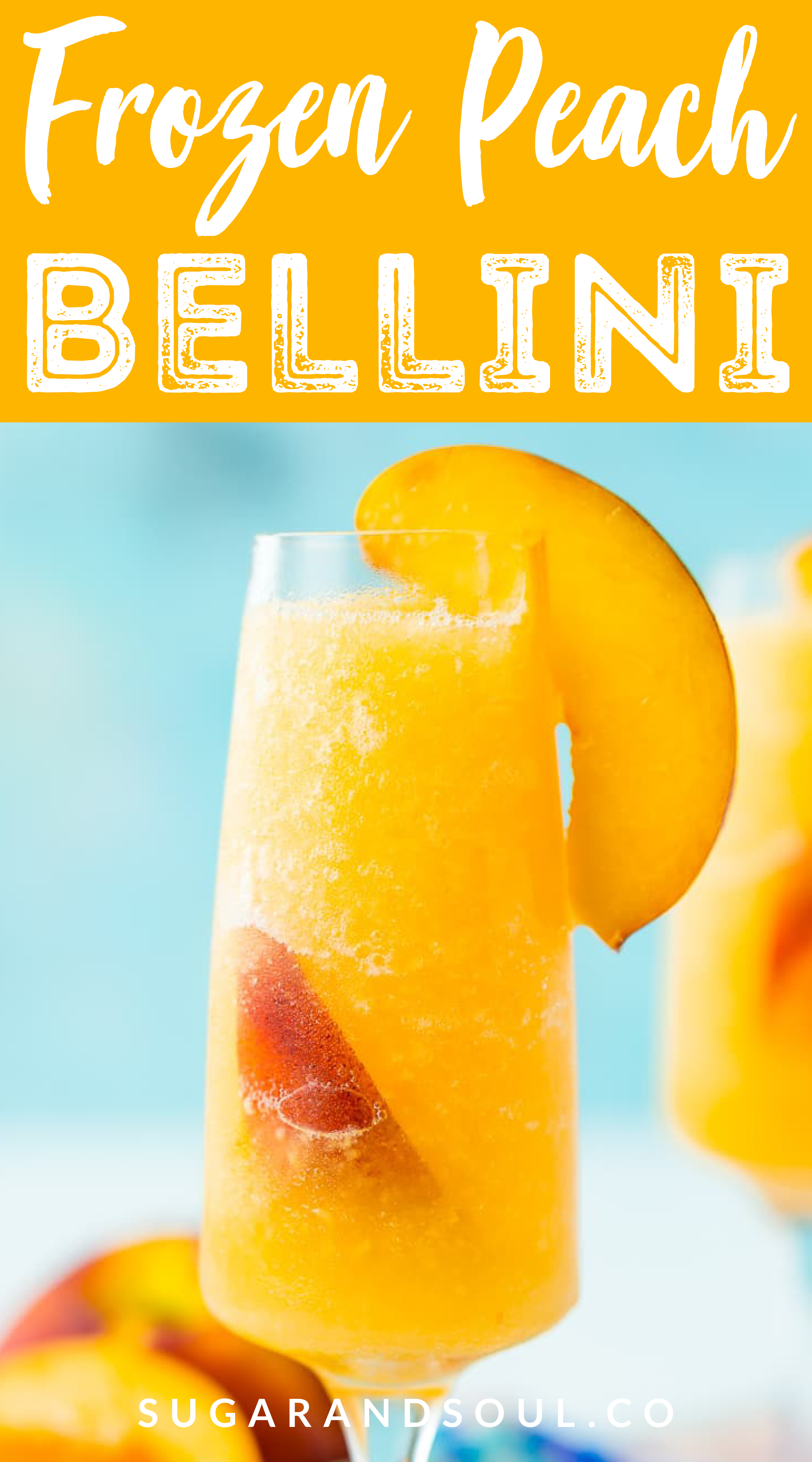 This Peach Bellini Slushies recipe is a frozen take on the classic brunch cocktail! Made in the blender with just 4 ingredients, this easy champagne cocktail is a refreshingly boozy beverage to enjoy all summer.  via @sugarandsoulco