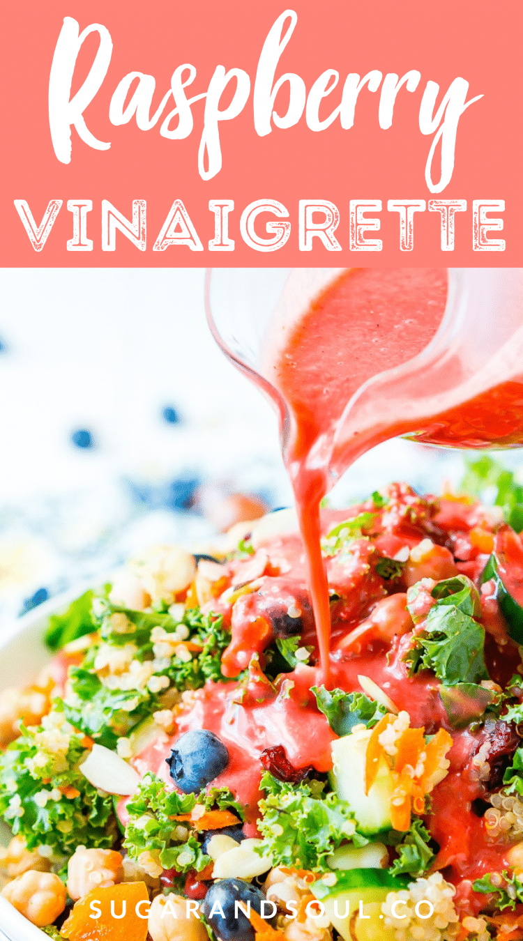 Raspberry Vinaigrette Dressing is delicious on summer salads and made with fresh raspberries, honey, red wine vinegar, olive oil, sea salt, black pepper, and garlic powder.