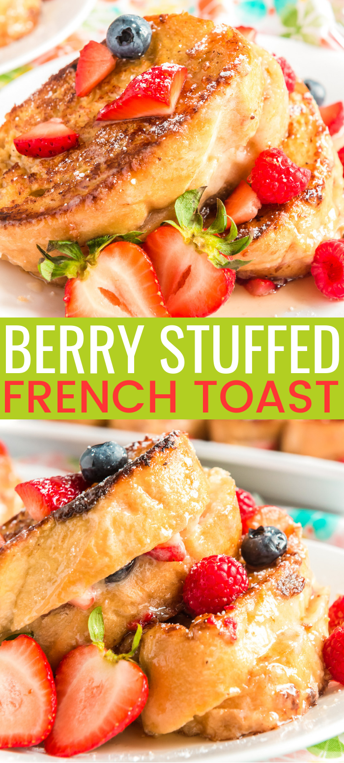 Berry Stuffed French Toast is a fruity, creamy, and indulgent breakfast recipe that combines macerated berries with a sweet mascarpone mixture and thick slices of French bread. via @sugarandsoulco