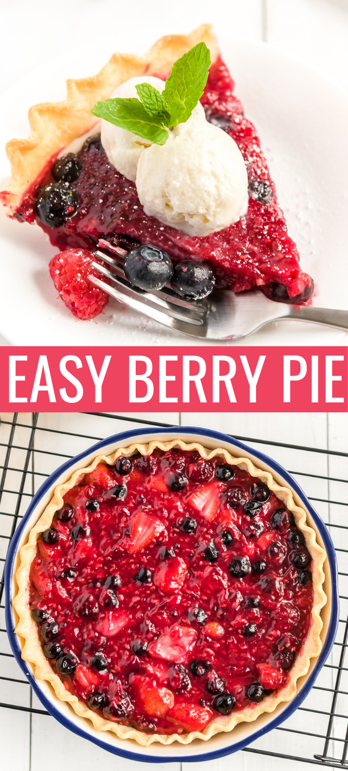 This Berry Pie recipe combines the delicious sweet and tart flavors of four different berries! A single layer crust pie requiring minimal baking made with strawberries, blueberries, raspberries, and blackberries make this the perfect spring and summer pie! via @sugarandsoulco