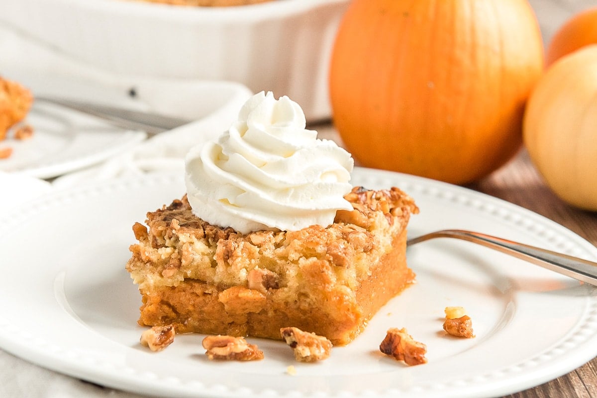 photo of a slice of pumpkin crunch cake on a white plate with pumpkins in the background.