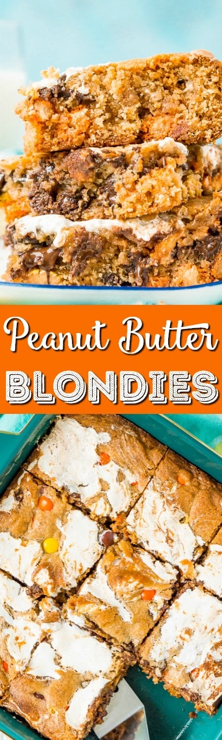 These Peanut Butter Fluff Blondies are a sweet and chewy dessert that's loaded with chocolate chips and Reese's pieces with a marshmallow swirl!