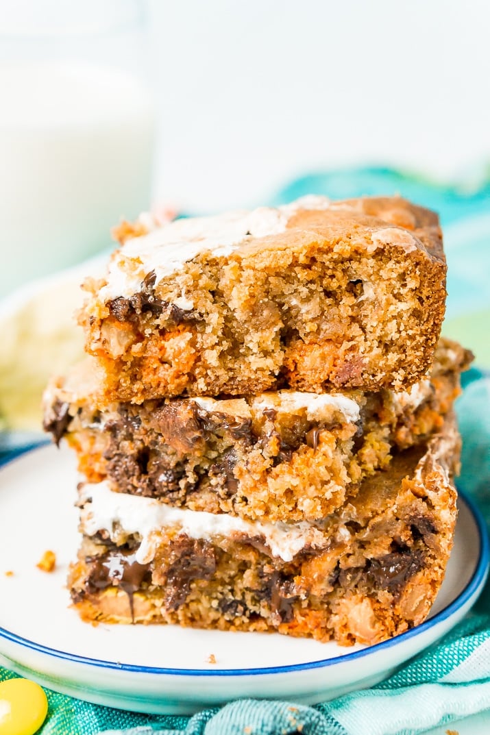 These Peanut Butter Fluff Blondies are a sweet and chewy dessert that's loaded with chocolate chips and Reese's pieces with a marshmallow swirl!