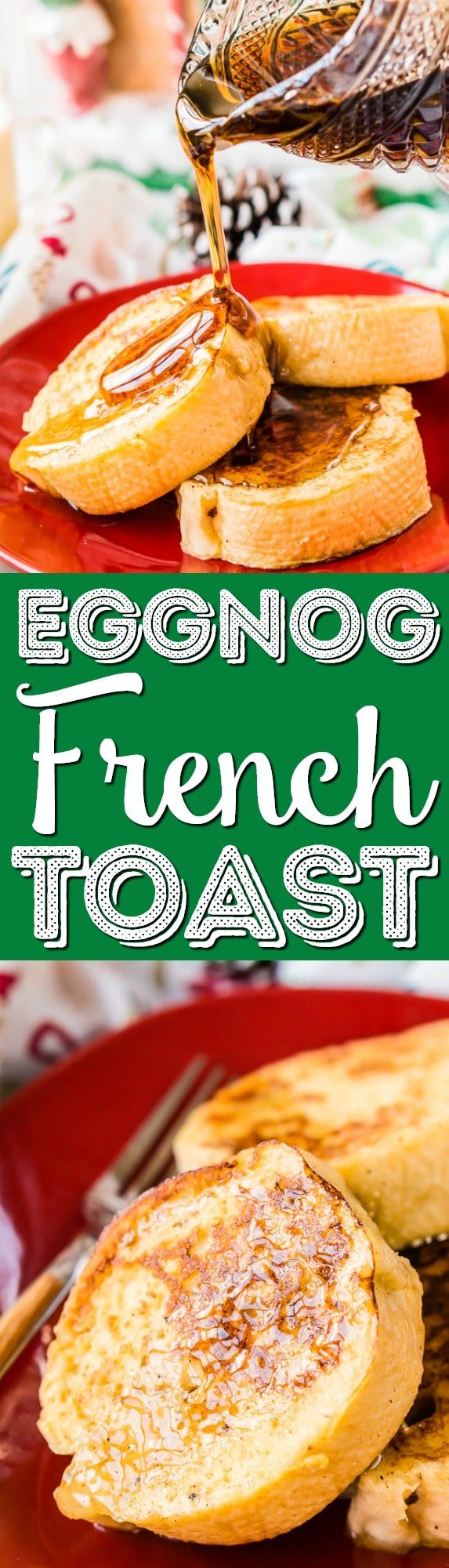 This Eggnog French Toast is dipped in a mixture of eggnog, eggs, rum, vanilla, and nutmeg before it's cooked to perfection and slathered in syrup for a delicious holiday breakfast! via @sugarandsoulco