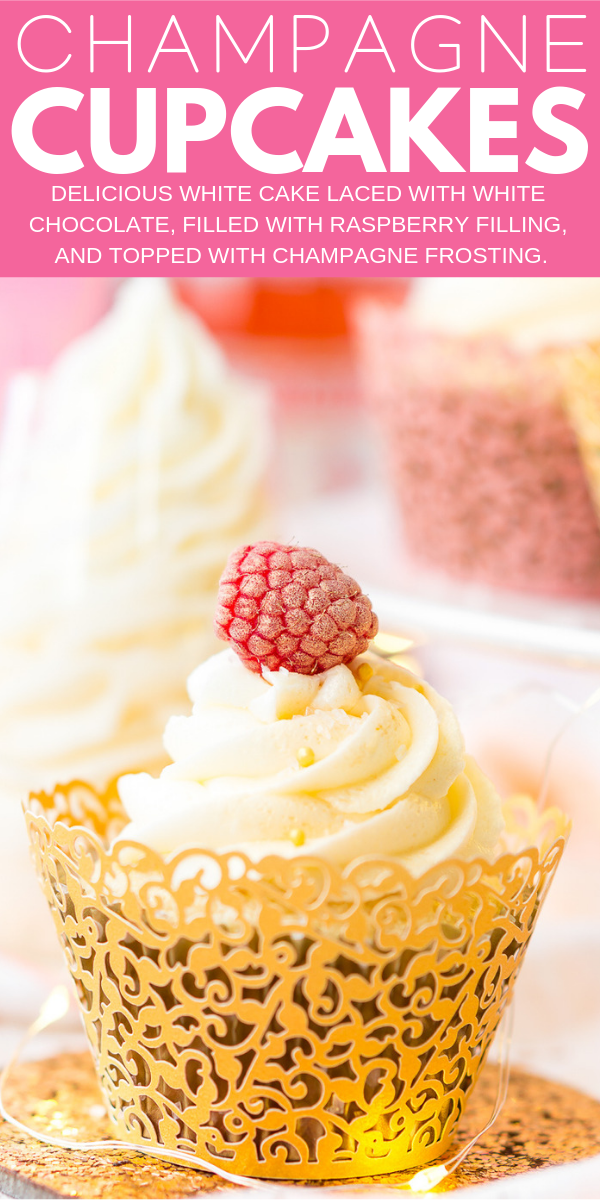 These White Chocolate Raspberry Champagne Cupcakes are light and fluffy white chocolate cake filled with raspberry filling and topped with a luscious champagne buttercream! via @sugarandsoulco