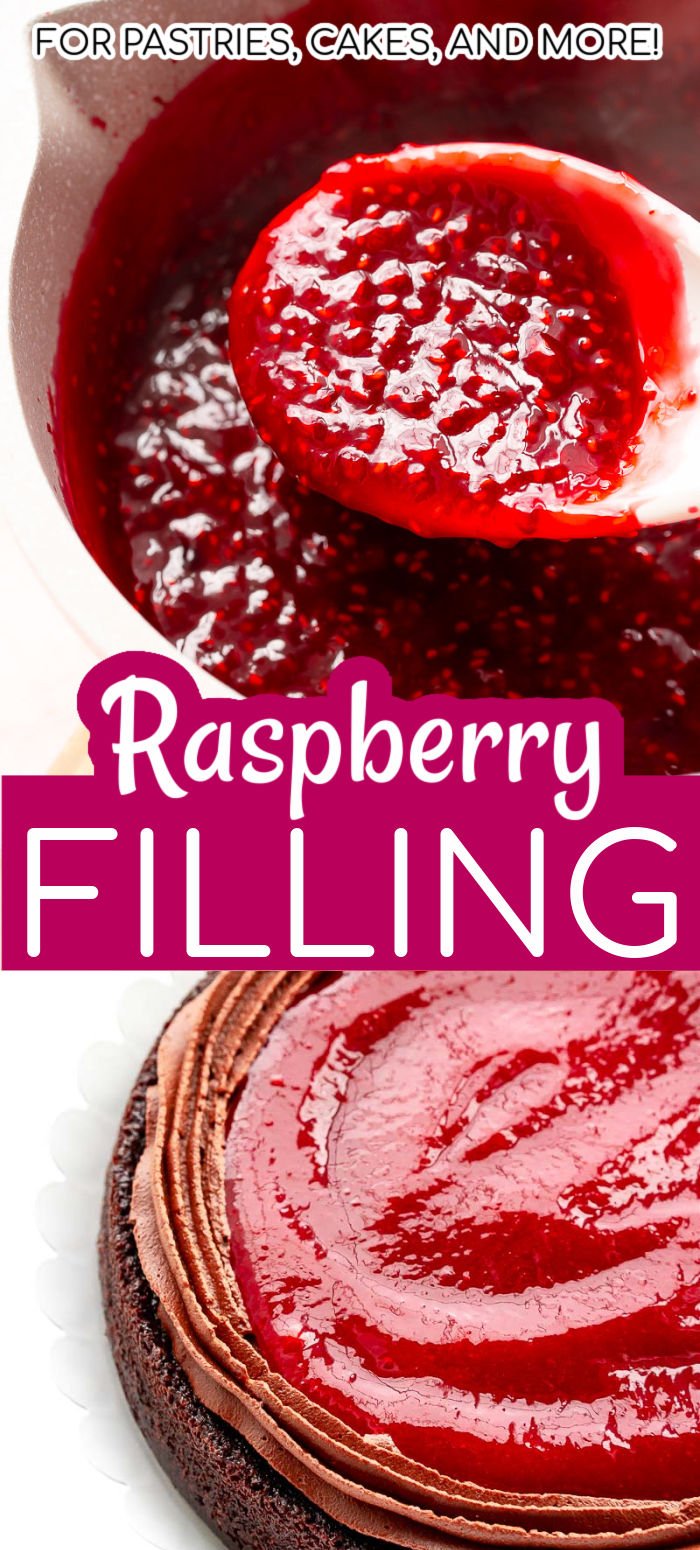 This Easy Raspberry Filling recipe takes just four ingredients and 20 minutes to make! It's the perfect addition to cakes and pastries! via @sugarandsoulco