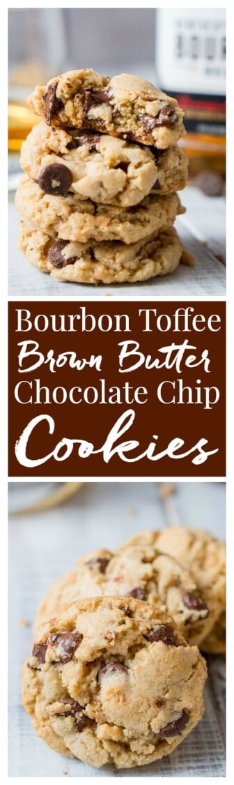 Bourbon Toffee Brown Butter Chocolate Chip Cookies are soft and chewy chocolate chip cookies laced with toffee, bourbon, and brown butter. via @sugarandsoulco