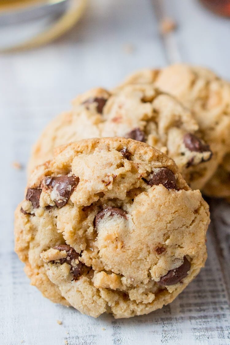 Bourbon Toffee Brown Butter Chocolate Chip Cookies are soft and chewy chocolate chip cookies laced with toffee, bourbon, and nutty brown butter accents.