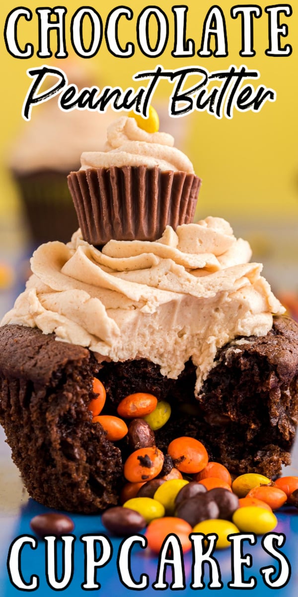 Chocolate Peanut Butter Cupcakes (With Surprise Filling) packs the center of rich and moist chocolate cupcakes with mini Reese's Pieces! This exciting treat is then finished off with the best homemade peanut butter frosting! via @sugarandsoulco