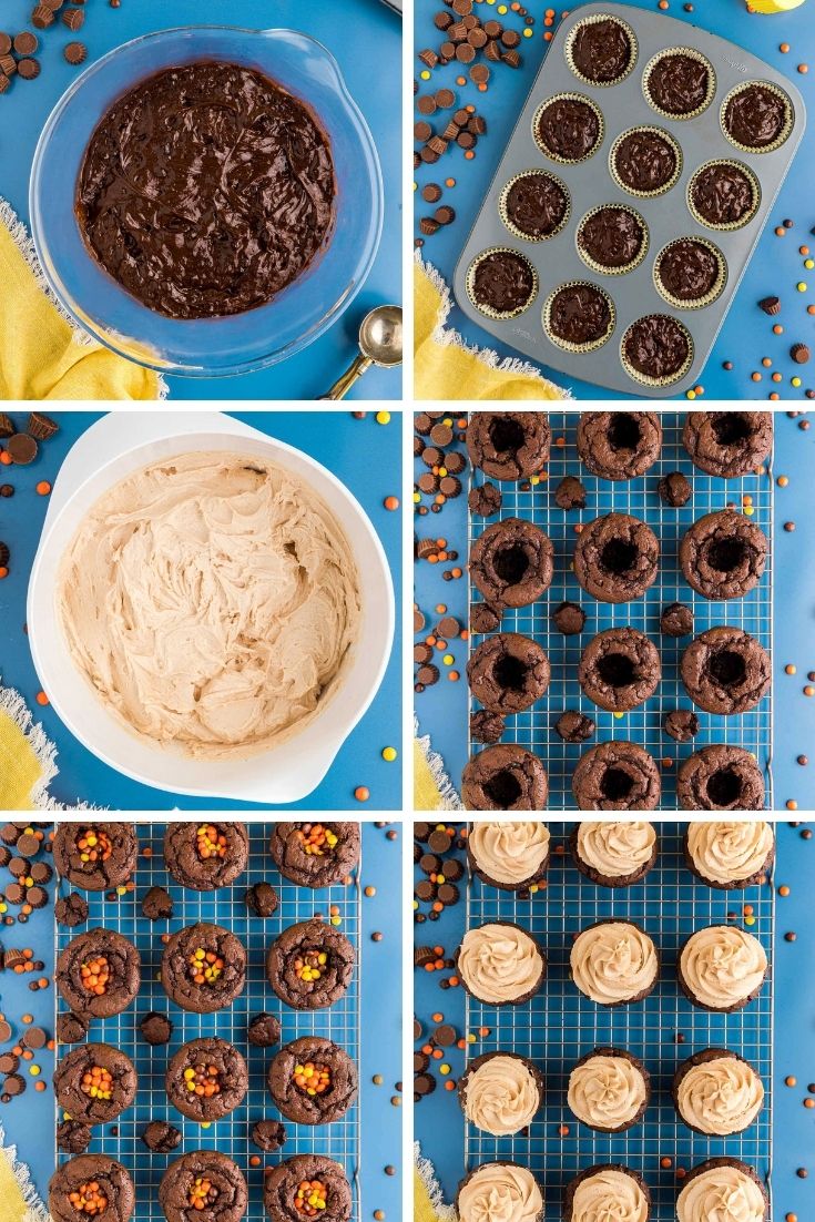 Step by step photo collage showing how to make chocolate peanut butter cupcakes filled with mini Reese's pieces.