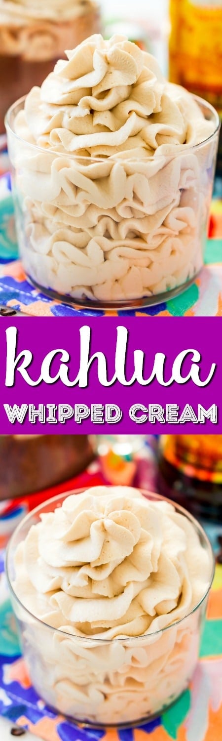 This Kahlua Whipped Cream recipe is perfect for topping hot chocolate, milkshakes, mudslides, and more! A delicious and fluffy whipped cream laced with coffee liqueur!