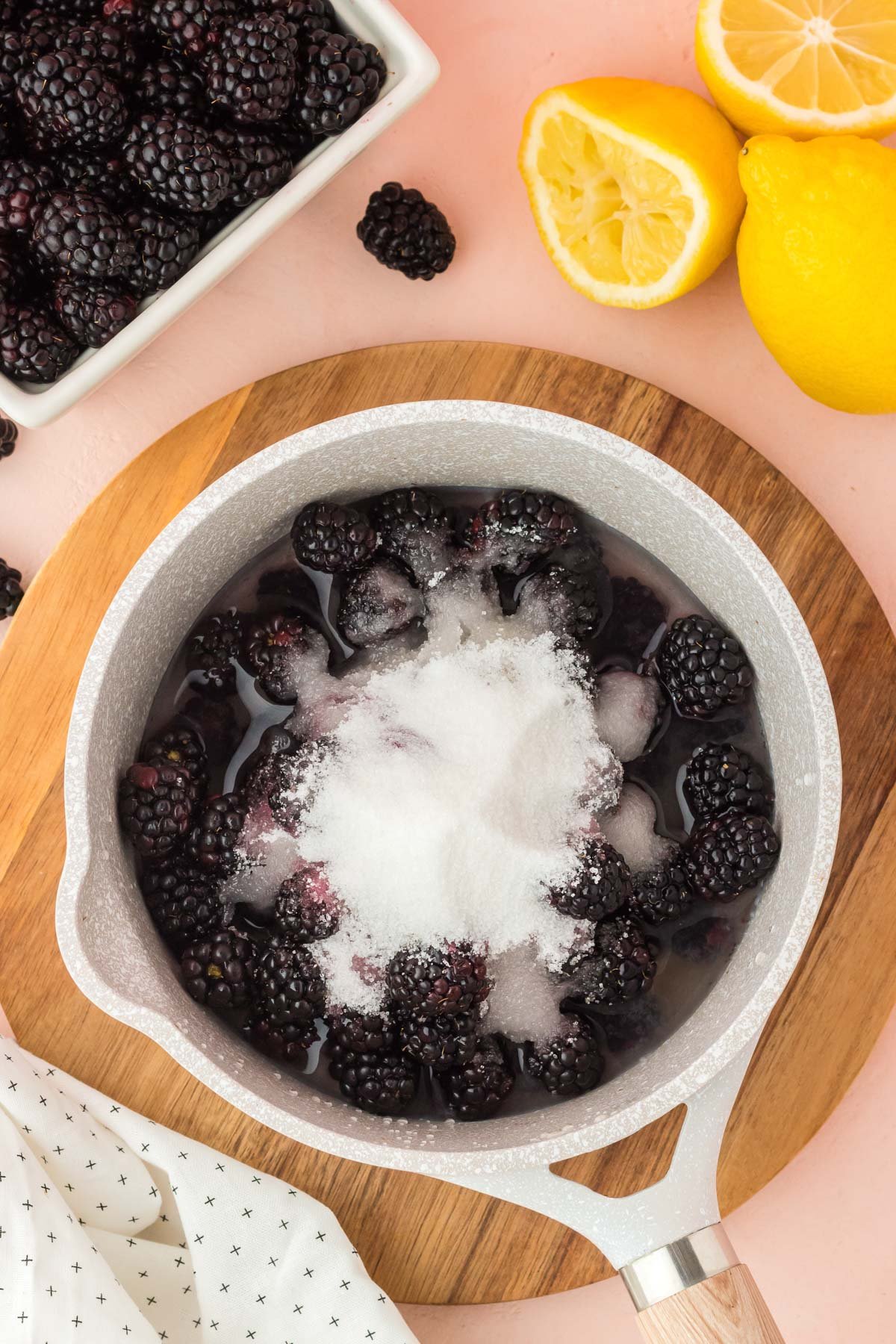Overhead photo of blackberries, sugar, and water in a saucepan ready to cook.