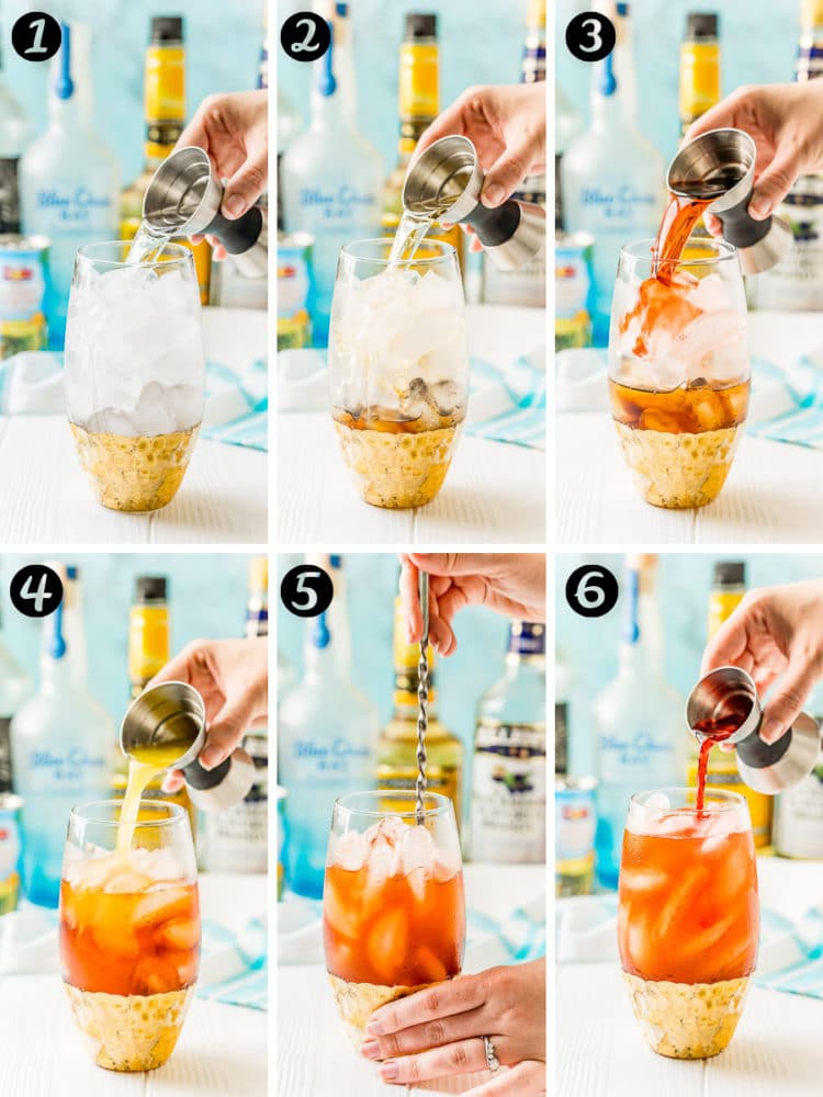 Step-by-step photo collage of a rum runner cocktail being mixed.