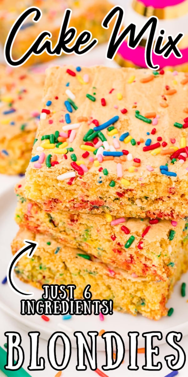 These Birthday Cake Blondies are made with an adapted yellow cake box mix and are so easy to make! They're sweet and fun and loaded with sprinkles! via @sugarandsoulco