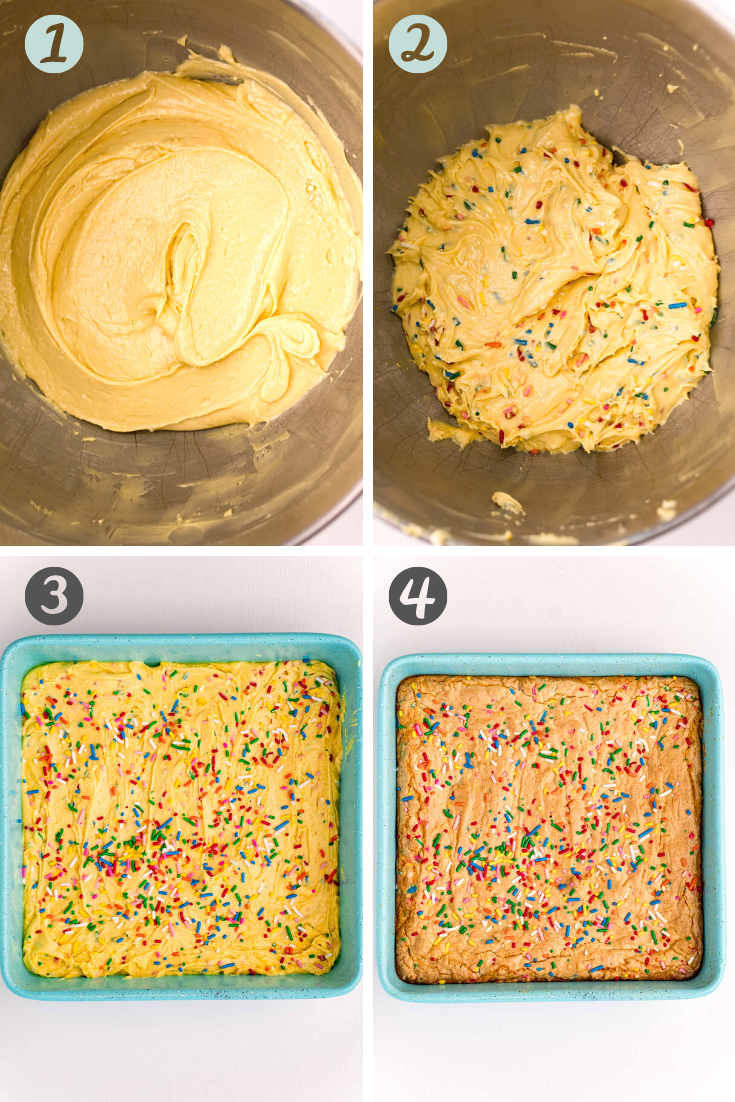 Step-by-step photo collage showing how to make blondies from a cake mix.
