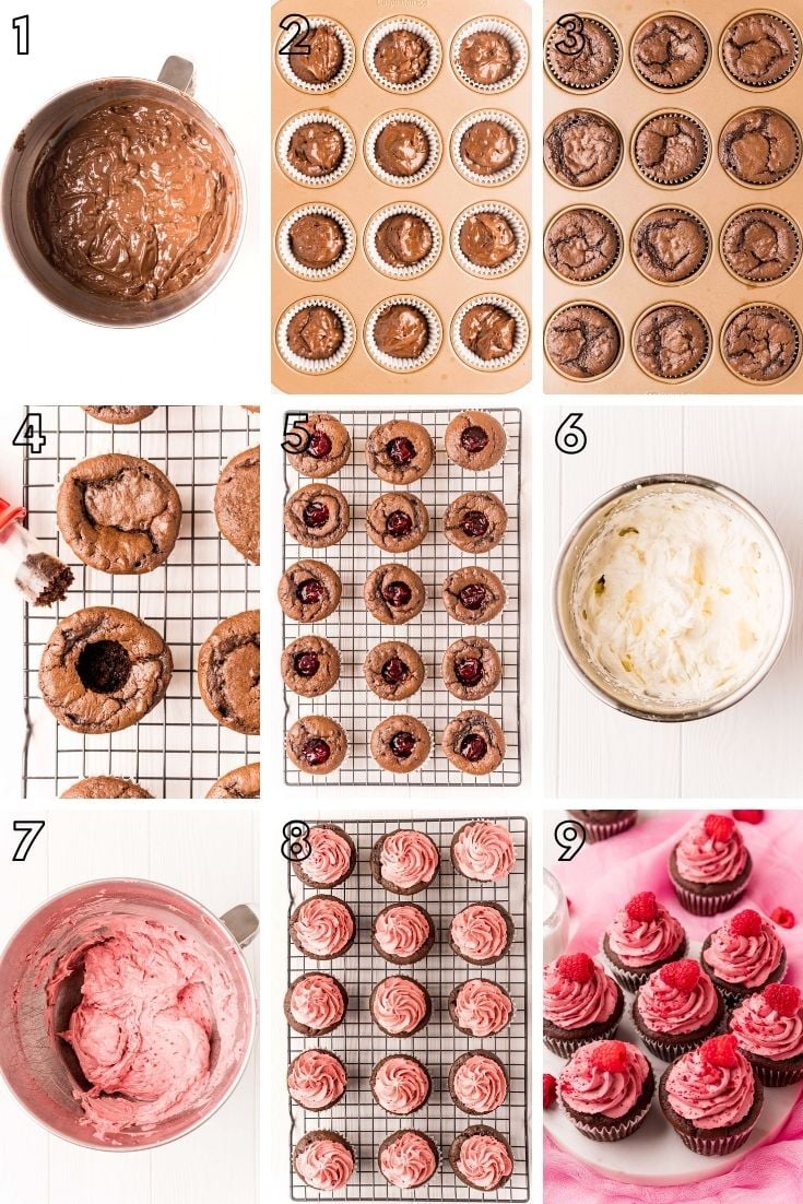step by step photo collage showing how to make chocolate raspberry cupcakes.