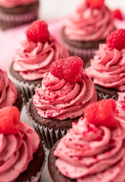 Close up photo of a chocolate cupcakes topped with raspberry frosting.