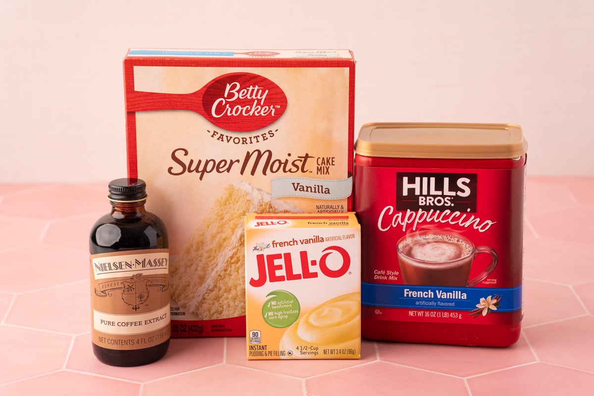 Key ingredients to make French Vanilla Cappuccino Cupcakes.