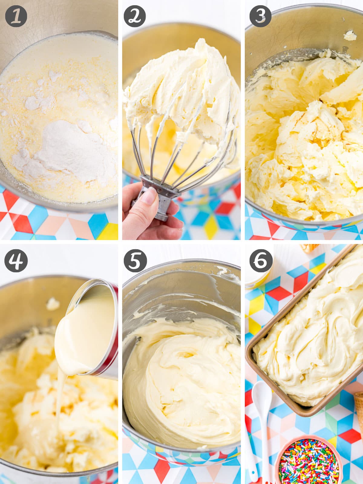 Collage of step-by-step photos for how to make vanilla ice cream without an ice cream machine.