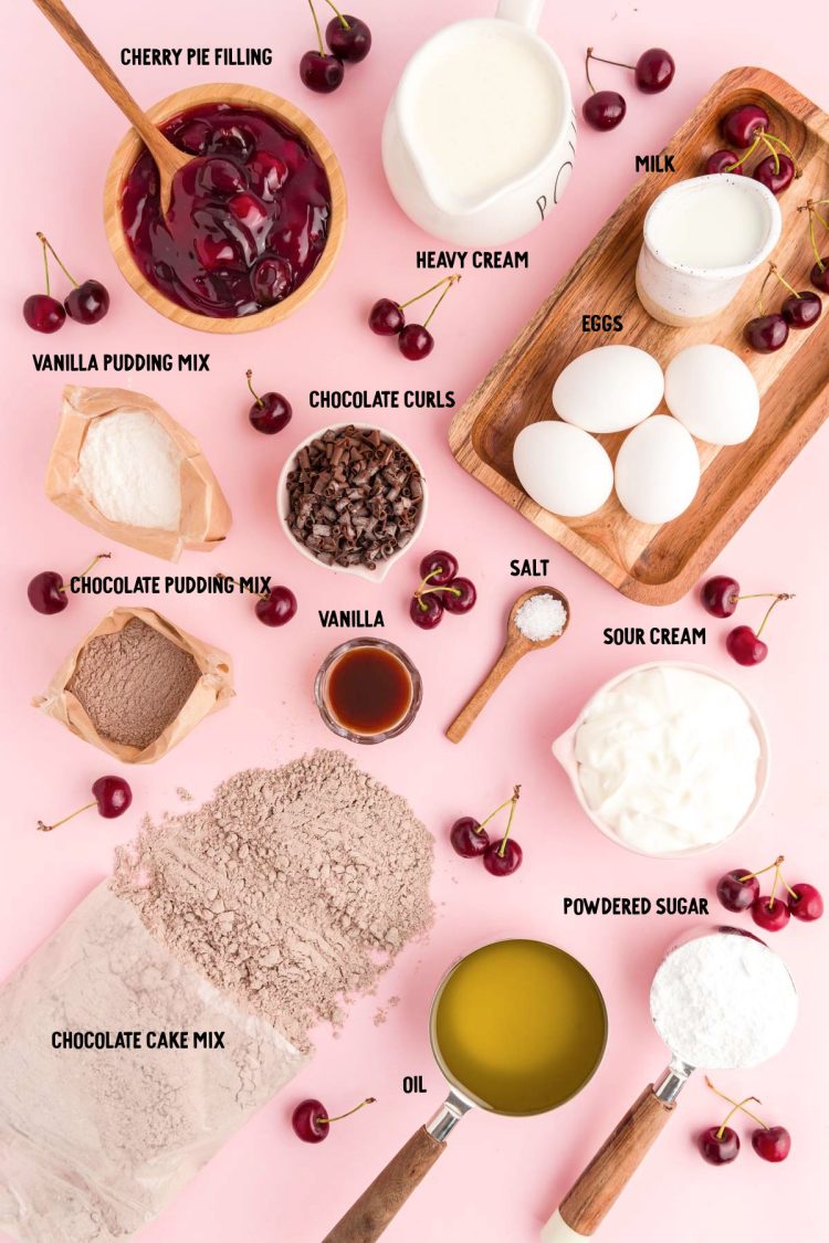 Overhead photo of ingredients prepared to make black forest cupcakes on a pink surface.