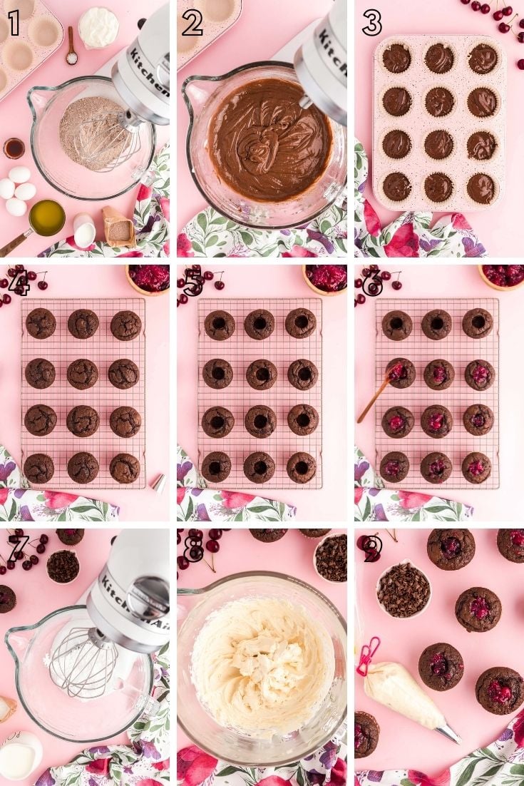 Photo collage showing how to make black forest cupcakes step by step.