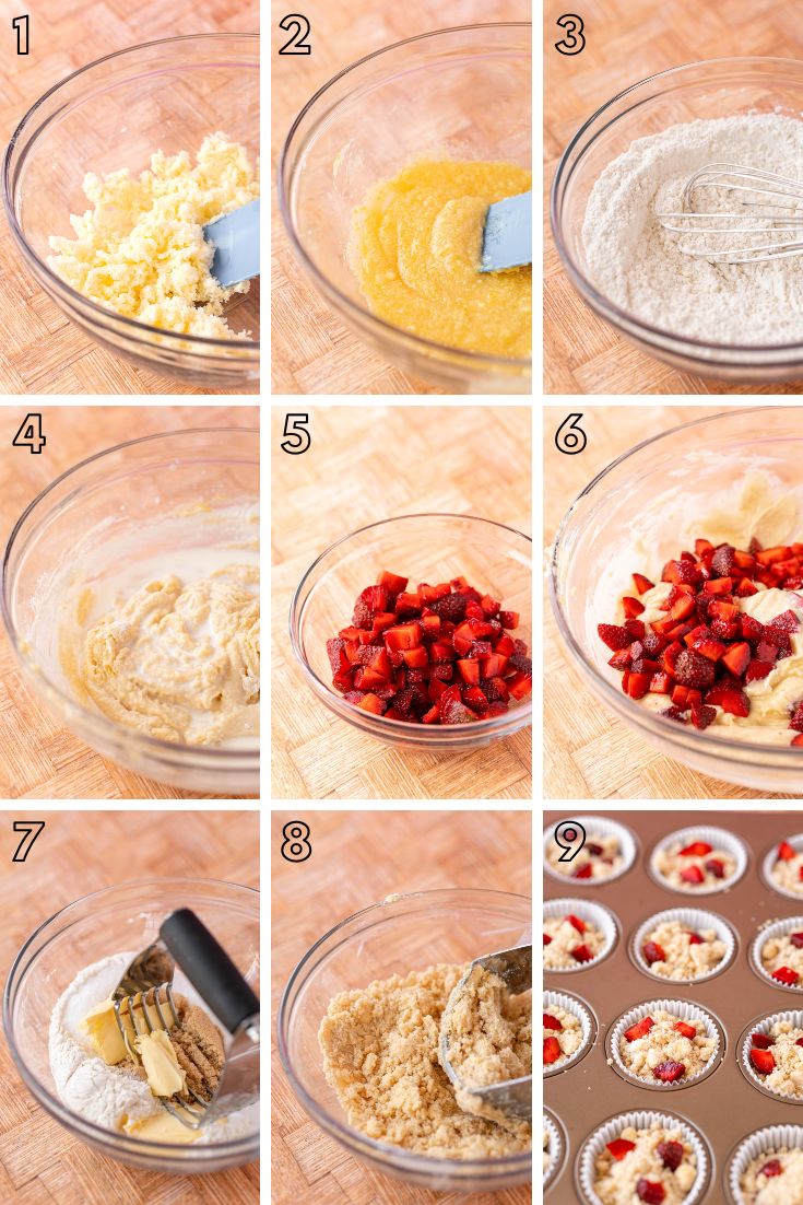 Step by step photo collage showing how to make strawberry muffins.