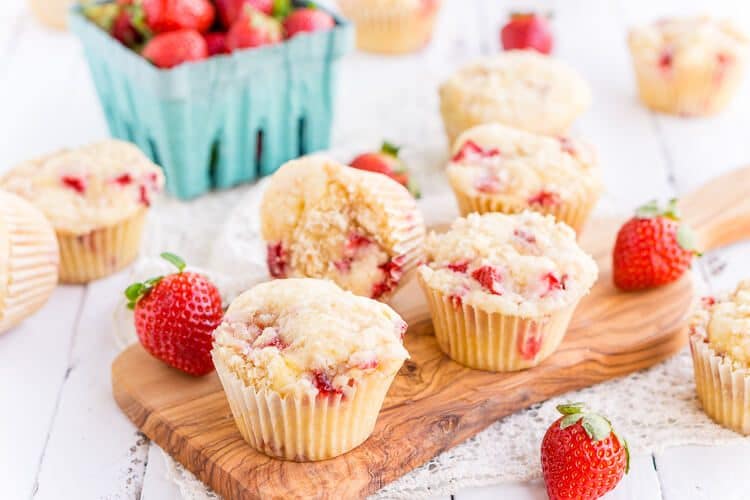 Strawberry Coffee Cake Muffins on a wooden platter
