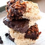 This candied bacon and chocolate dipped rice crispy treats recipe is the perfect twist on a no-bake classic treat - seriously, everything should have a little bacon!