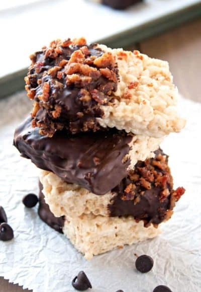 This candied bacon and chocolate dipped rice crispy treats recipe is the perfect twist on a no-bake classic treat - seriously, everything should have a little bacon!