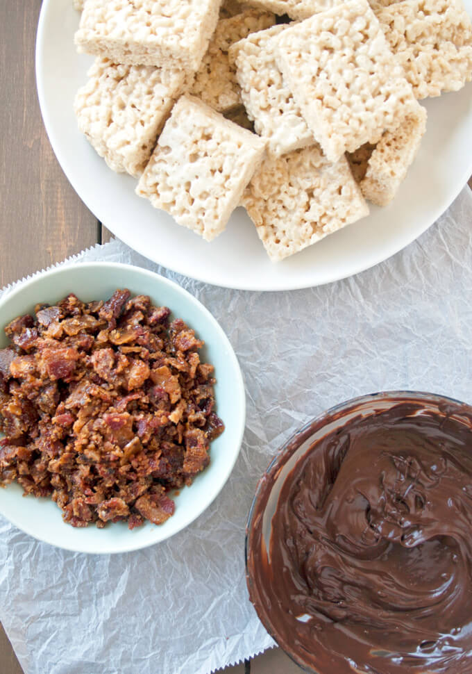 Candied Bacon and Chocolate Dipped Rice Crispy Treats