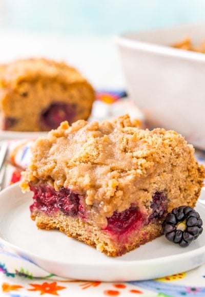 A sweet brown sugar coffee cake with a layer of fresh wild blackberries that are bursting with flavor!