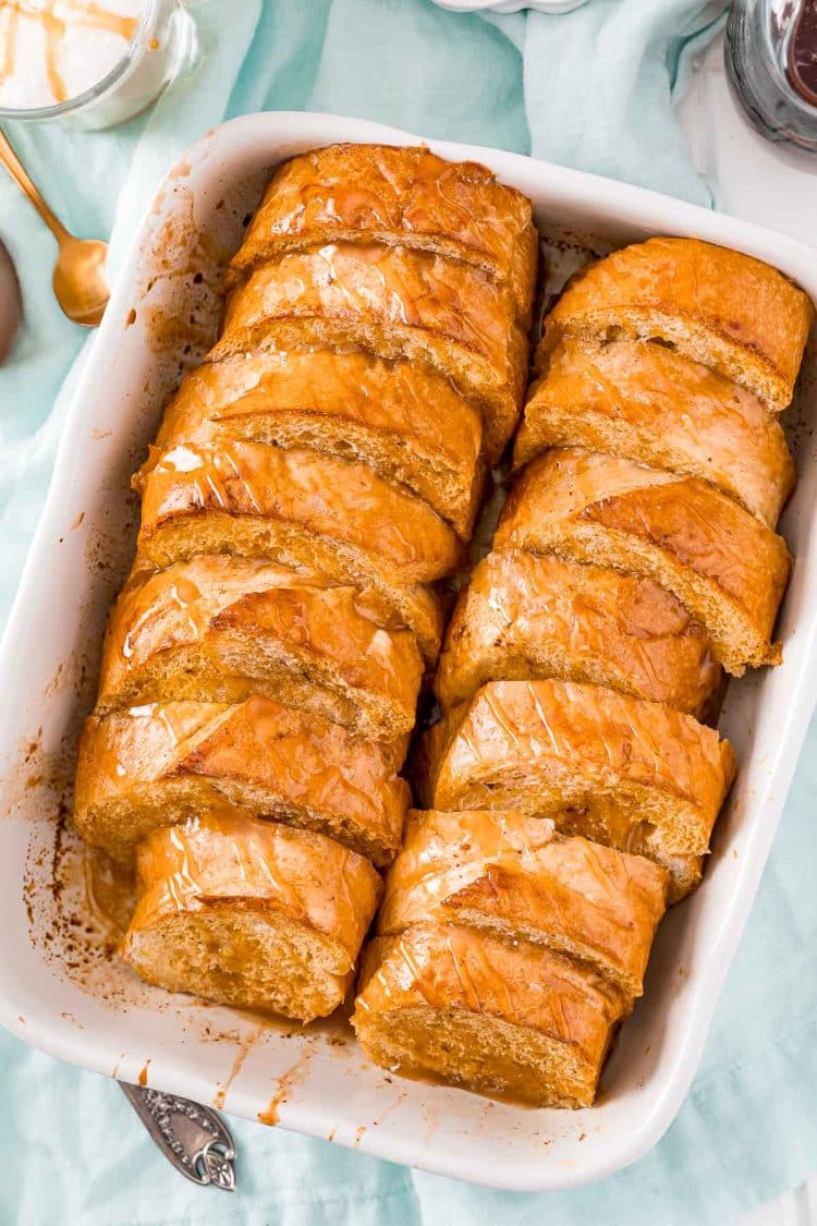 Overhead photo of a baking dish filled with overnight French toast fresh out of the oven.