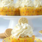 Split Image. Plate full of Golden Oreo Cupcakes on the top half, the bottom half is a single cupcake