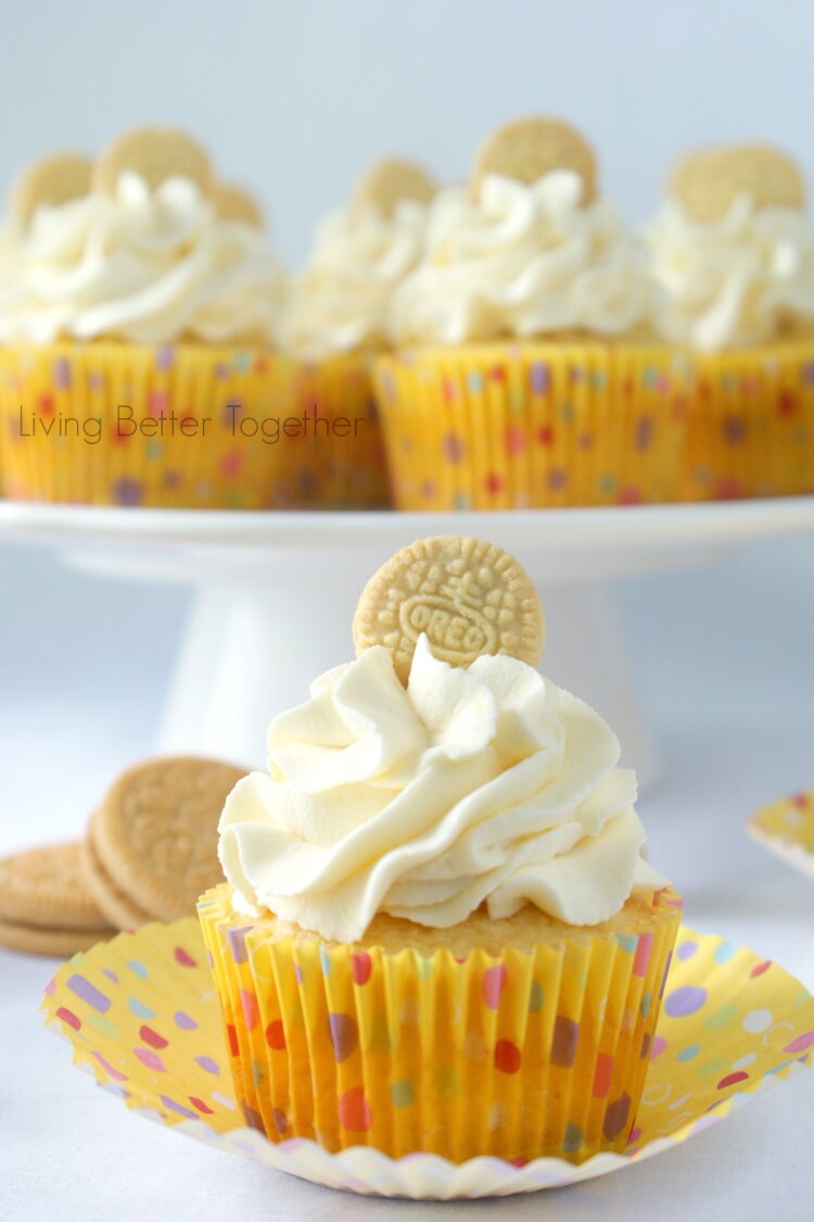 Split Image. Plate full of Golden Oreo Cupcakes on the top half, the bottom half is a single cupcake