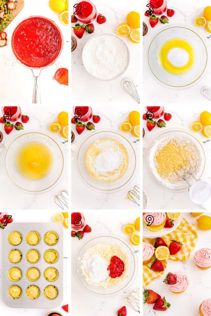 Step by step photo collage showing how to make lemon strawberry cupcakes.