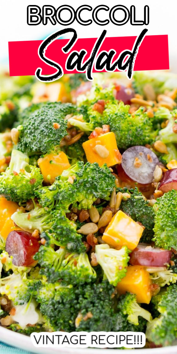 This Broccoli Salad is an easy, crunchy, and lightly sweetened side salad that's perfect for BBQs and more! Made with fresh broccoli, grapes, cheese, sunflower seeds, bacon, and a delightful dressing! via @sugarandsoulco