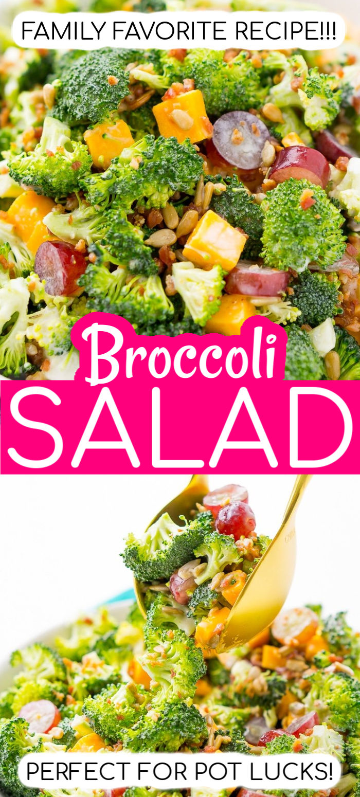 This Broccoli Salad is an easy, crunchy, and lightly sweetened side salad that's perfect for BBQs and more! Made with fresh broccoli, grapes, cheese, sunflower seeds, bacon, and a delightful dressing! via @sugarandsoulco