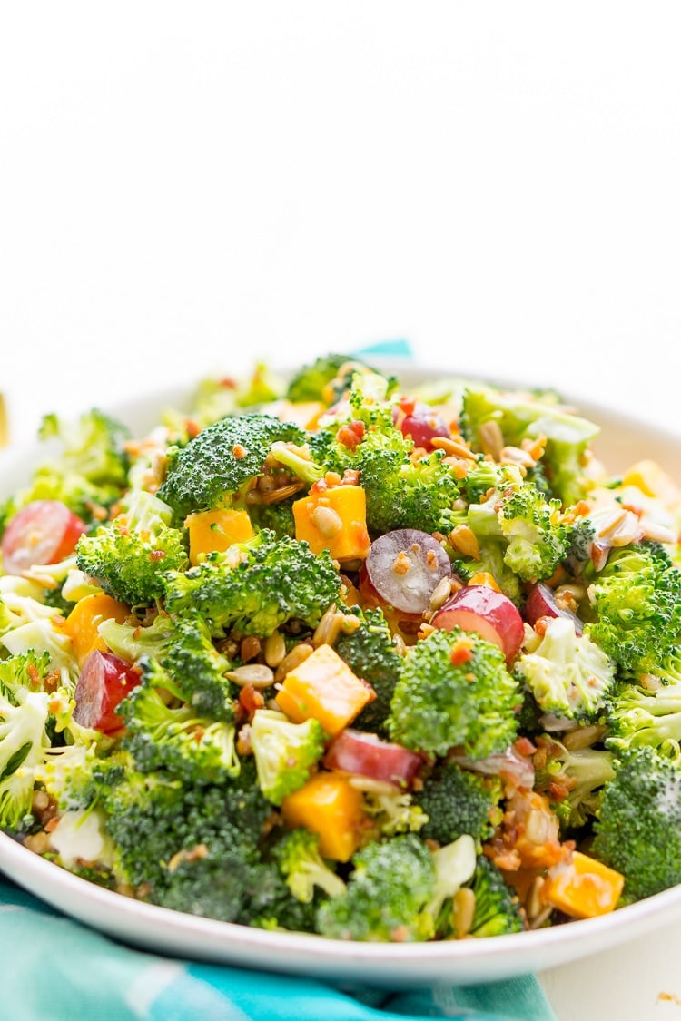 Broccoli Salad recipe with cheese, grapes, sunflowers seeds, and bacon