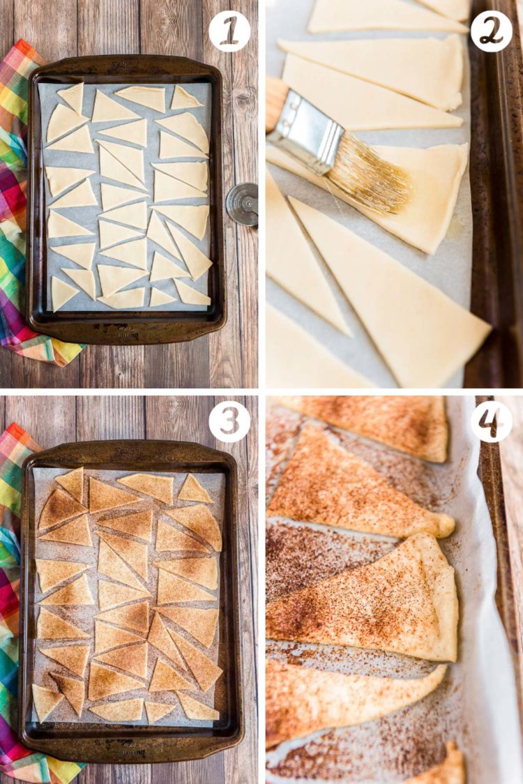 Step-by-step photo collage showing how to make cinnamon sugar pie chips.